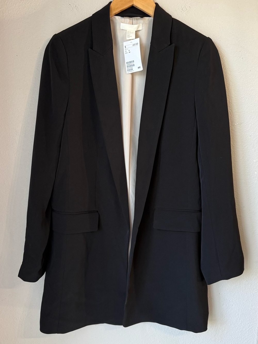 NWT H&M Tailored Black Women's Long Sleek Blazer Jacket Size 8 Open Front